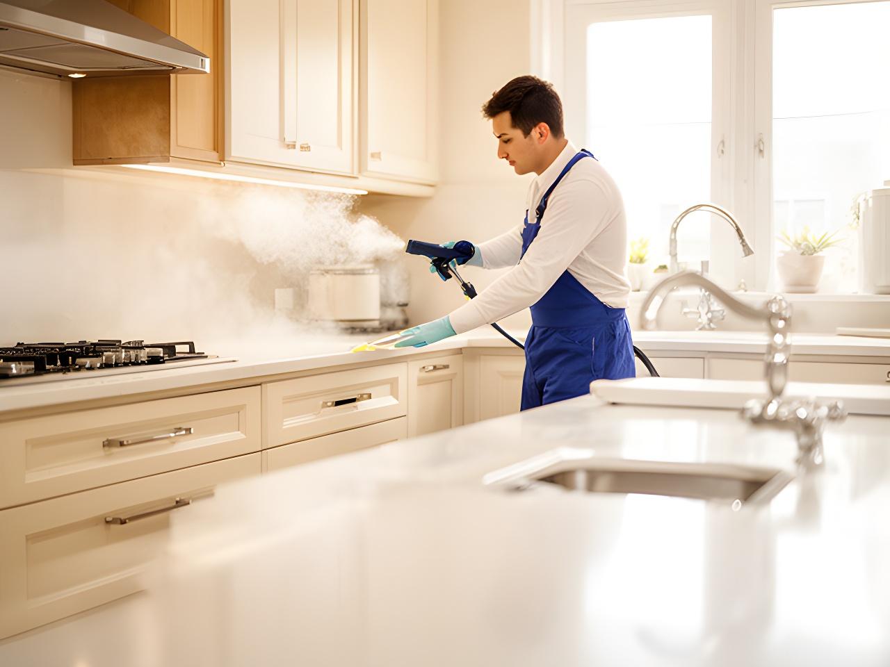 Professional cleaner detailing a bright kitchen with organised surfaces and freshly polished fixtures
