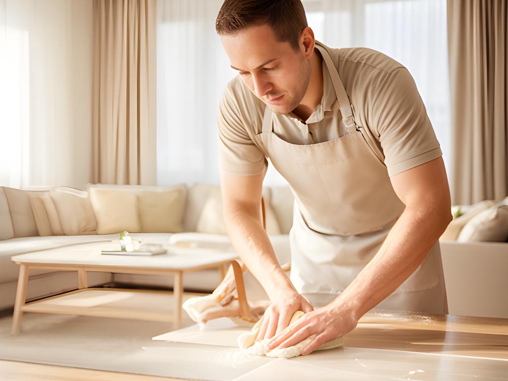 Professional cleaner tidying a bright Gilbert living room with soft daylight and fresh neutral decor