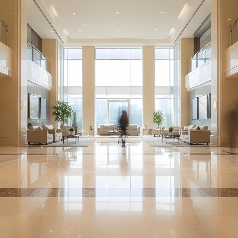 Polished commercial lobby with bright windows, tidy seating, and freshly cleaned floors