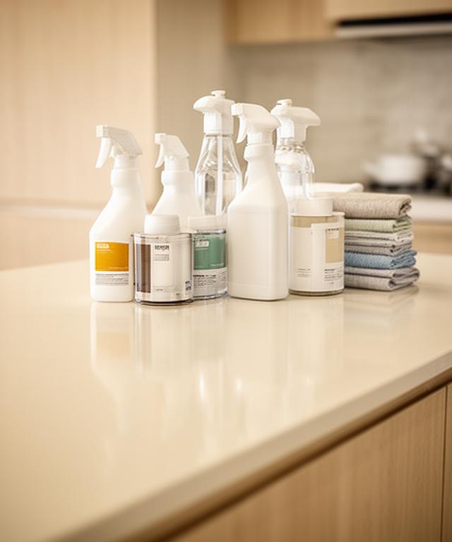 Polished kitchen countertop and organised cleaning products in a bright Gilbert home